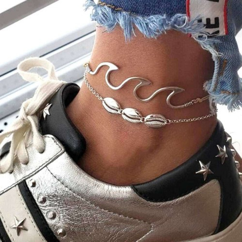 026(シルバー)サイズフリー アンクレット メンズ レディース あずき チェーン アジャスター 男女兼用 貝 波 シンプルアクセサリー拍卖