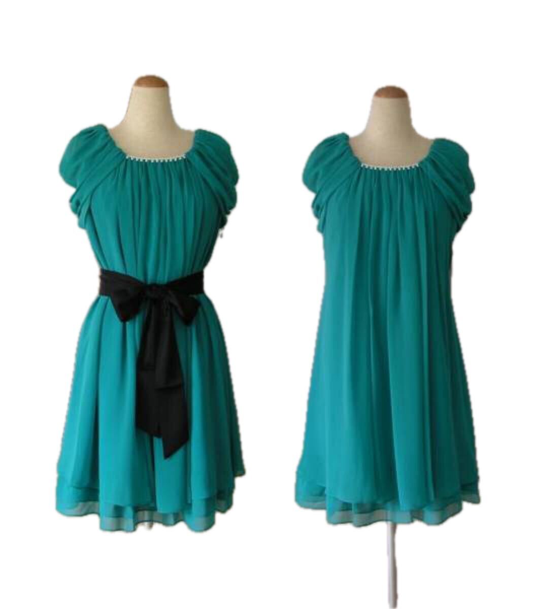 結婚式・お呼ばれ◆2Way袖*ビジュー付ドレス*38/9号*綺麗グリーン拍卖