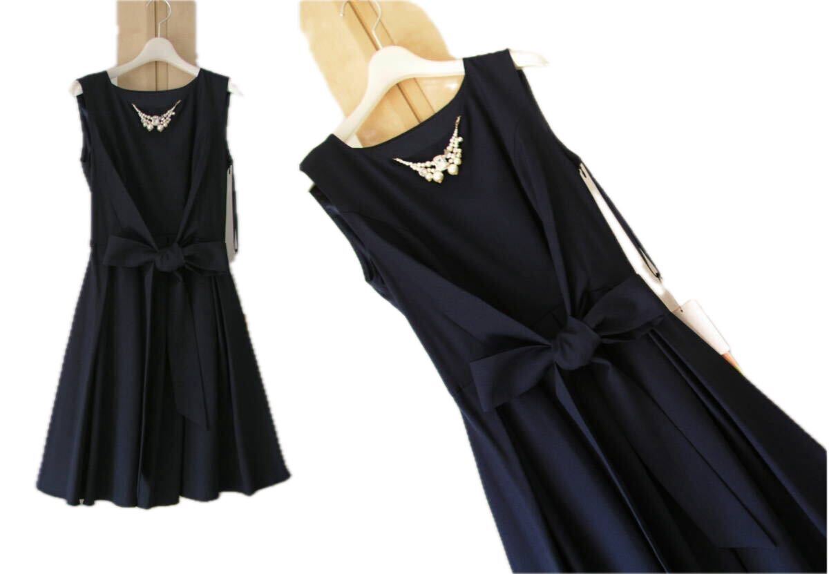 ドリードール/size38/結婚式・お呼ばれ◆上質*バックレース入リボンドレス**濃紺拍卖