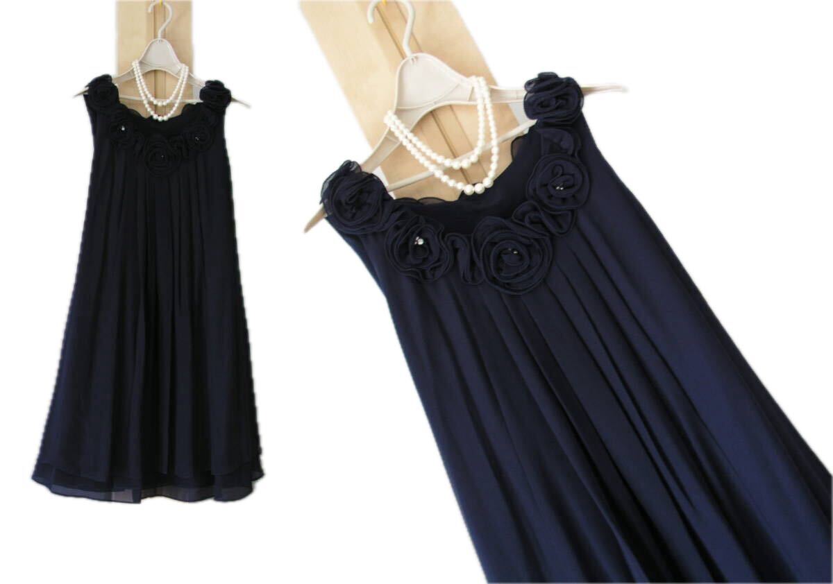 結婚式・お呼ばれ◆衿元花モチーフ*フェミニンドレス*size38/9号*濃紺拍卖