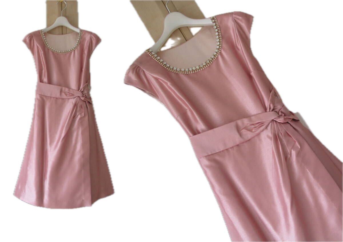 結婚式*お呼ばれ/size38*9号◆高品質シャンタン*衿ビジューフェミニンドレス*値下げ拍卖