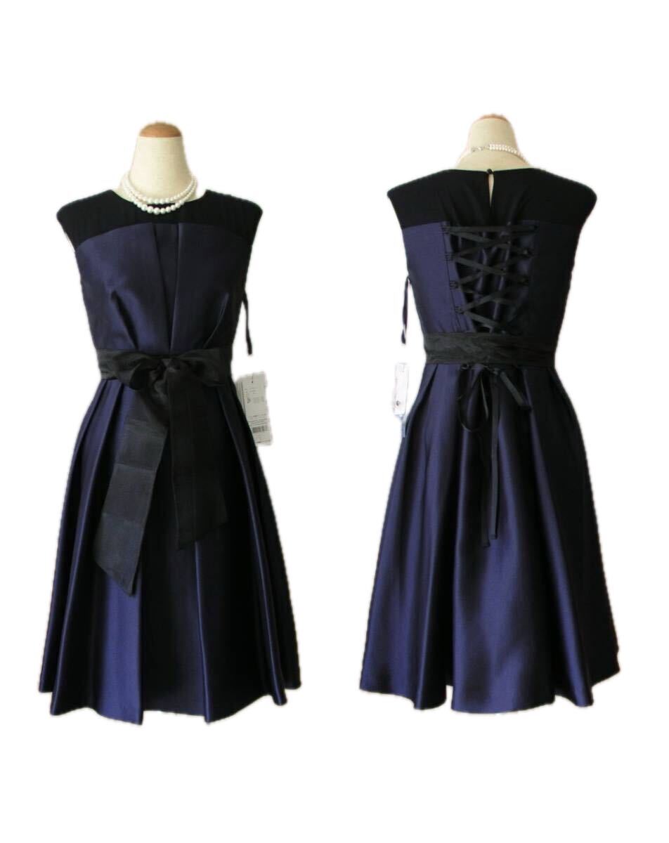 結婚式・お呼ばれ/size38*9号◆上質*異素材切替*美しいふんわりドレス*紺拍卖