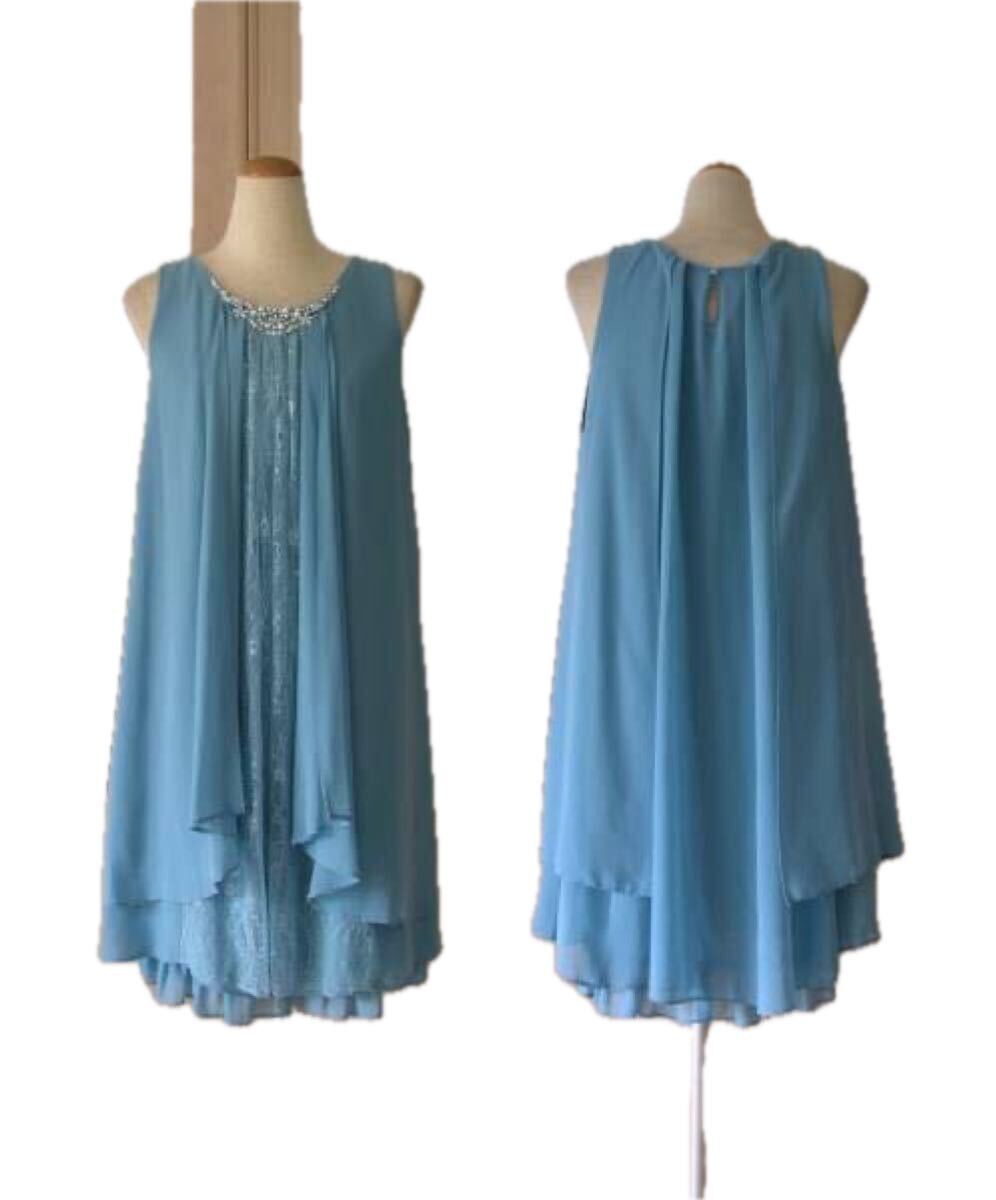 結婚式・お呼ばれ/9~11号◆衿ビジューレースコンビドレスワンピース*ブルー*値下げ拍卖