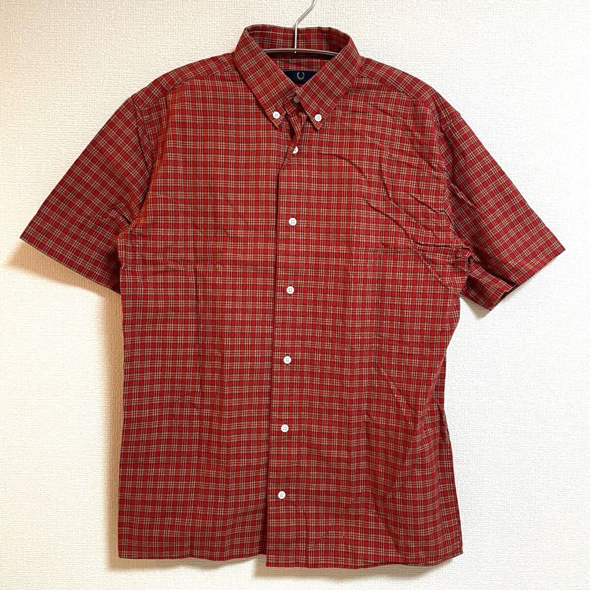 【美品】FRED PERRY フレッドペリー 半袖 シャツ 91CM 36 メンズ M チェック柄 赤 レッド トップス ネル 夏 人気拍卖