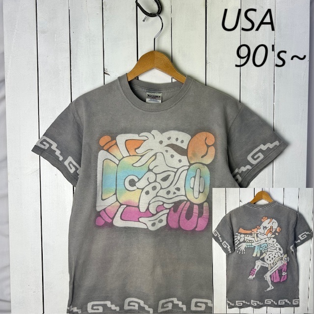 T●158 USA古着 90s~00s ろうけつ染 Tシャツ M フェード グレー OPTIMA オールド ヴィンテージ アメリカ古着 拍卖