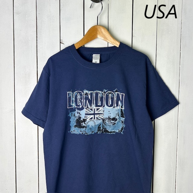 T●162 USA古着 美品 LONDON Tシャツ FRUIT OF THE LOOM S 紺 オールド アメリカ古着 スーベニア ロンドン 拍卖