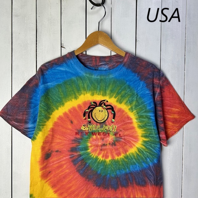 T●171 USA古着 刺繍スマイル タイダイTシャツ Hanes M オールド ヴィンテージ アメリカ古着 ヘインズ拍卖