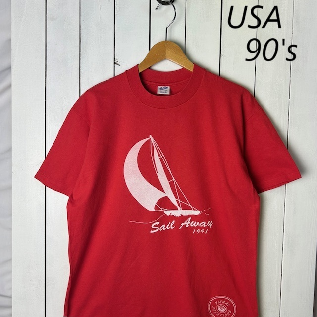 T●206 USA古着 90s USA製 Tシャツ L 赤 Velva Sheen オールド ヴィンテージ アメリカ古着 シングルステッチ ベルバシーン ヨット拍卖
