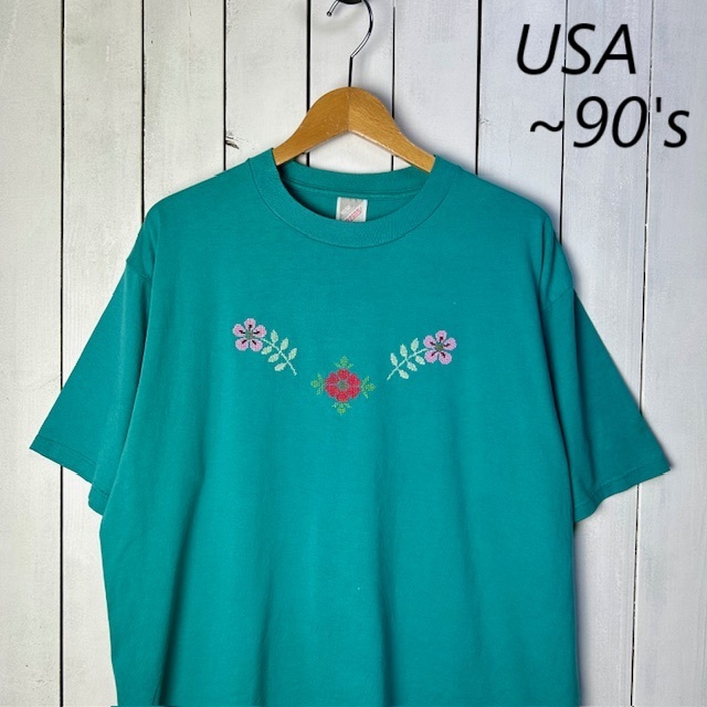 T●222 USA古着 ~90s USA製 クロスステッチ刺繍 Tシャツ XL 緑 オールド ヴィンテージ アメリカ古着 JERZEES 花柄 ハンドメイド拍卖
