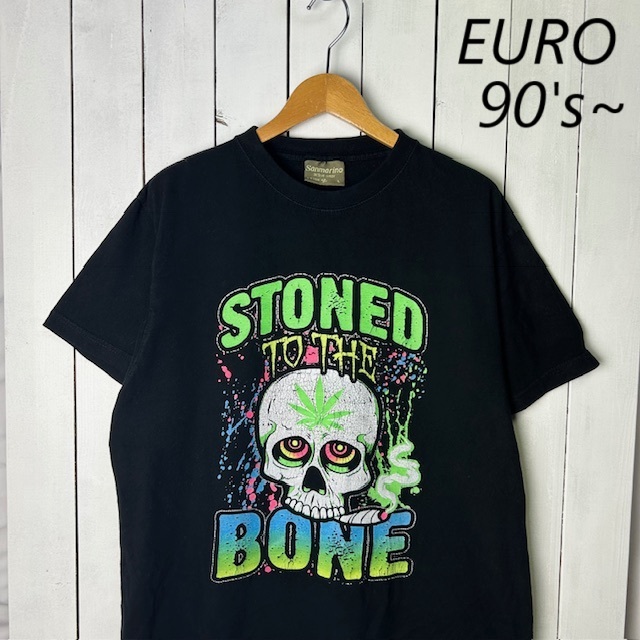 T●237 EURO古着 90s~ Sanmarino STONED BONEドクロ クラックTシャツ L~XL 黒 スカル オールド ヴィンテージ ヨーロッパ古着 ユーロ拍卖