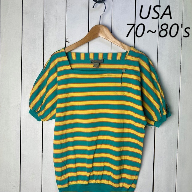 T●251 USA古着 70s~80s スクエアネック ボーダーカットソー Tシャツ M オールド ヴィンテージ アメリカ古着 緑×黄色拍卖