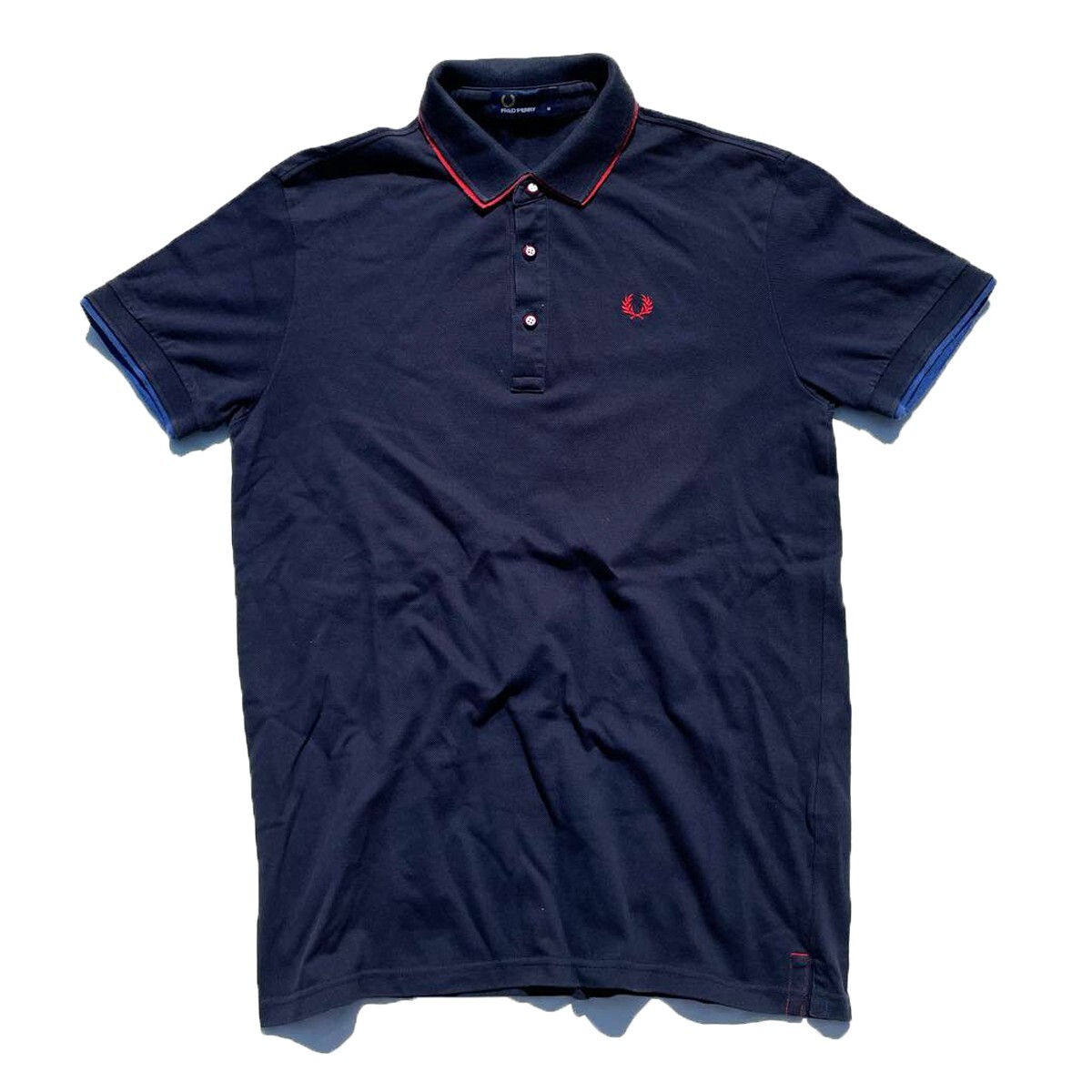 モッズスタイル! 00s 日本製 Fred Perry フレッドペリー ヴィンテージ 月桂樹 ロゴ刺繍 半袖 ポロシャツ ネイビー 紺 赤 M メンズ 古着拍卖