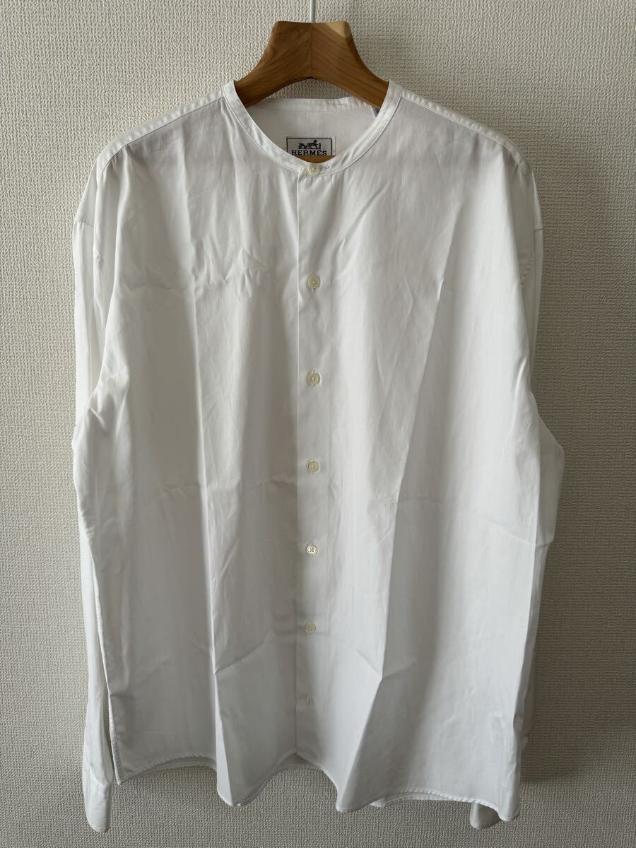 新品正規品HERMES NoCollar OverSized Shirts エルメスノーカラーオーバーサイズドシャツホワイト白38/15拍卖