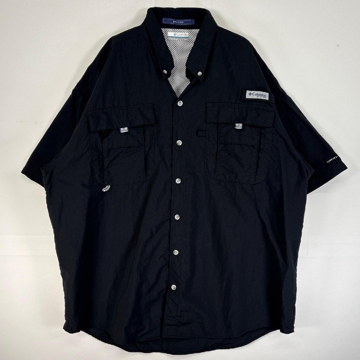 古着 コロンビア Columbia 半袖シャツ PFG フィッシングギア フラップポケ ワンポイント ロゴ L ブラック 無地 メンズ拍卖