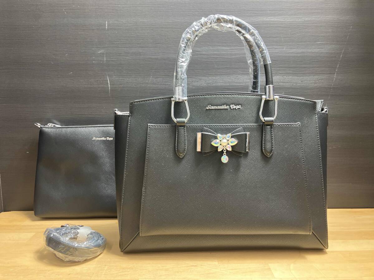 未使用品 Samantha Vega サマンサベガ ビジューリボントート 2WAY ショルダーバッグ ブラック拍卖