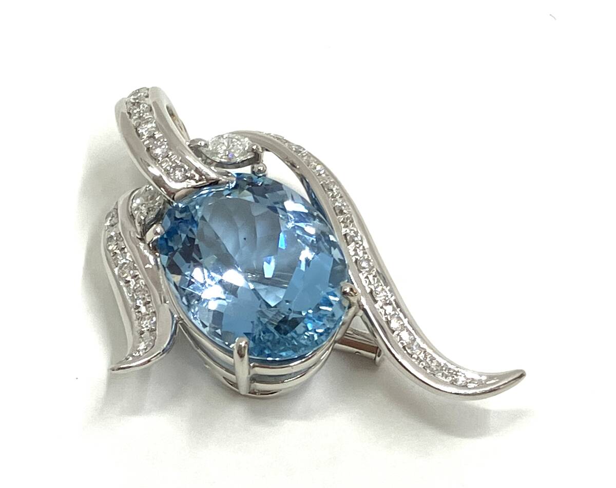 Pt900 K14 ダイヤ0.76ct アクアマリン11.00ct ブローチ ペンダントトップ 19.3g ソーティング有り拍卖