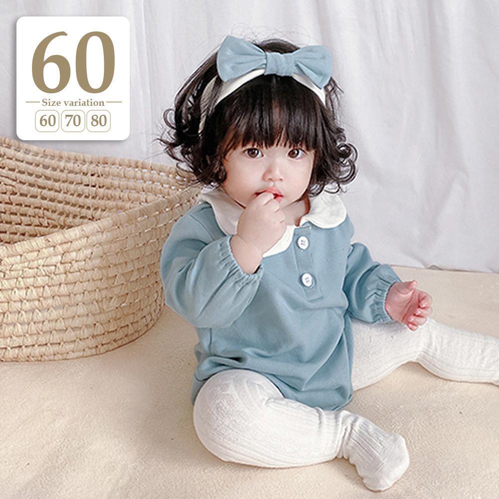 新品未使用 60cm ブルー〔#BMリボン丸襟ロンパース〕ヘアバンド 襟付き ロンパース 前開き ベビー 子供 キッズ 女の子 出産祝い 秋冬 水色拍卖