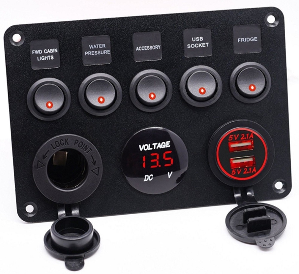 12V 24V 対応 防水 スイッチ パネル デュアル シガー ライター ソケット 2.1A USB LED 電圧計 付 ランプ ライト 赤 レッド KRB010拍卖