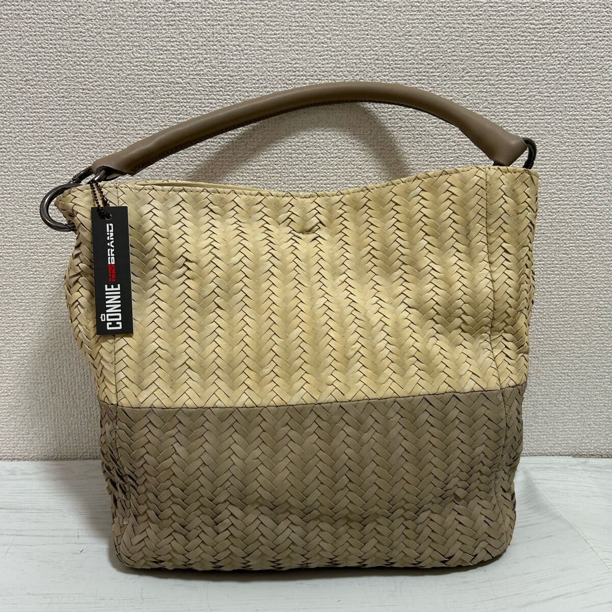 イタリア製 connie no brand コニーノブランド レディース トートバッグ かごバッグ 籠 本革 レザー 編み込み ベージュ 海外 レア ブランド拍卖