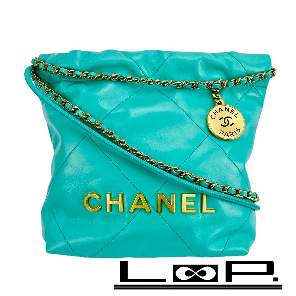 ■未使用■ シャネル 22 ミニ ショルダー ハンド バッグ 2WAY シャイニー カーフ ターコイズ 箱 【410727】3拍卖
