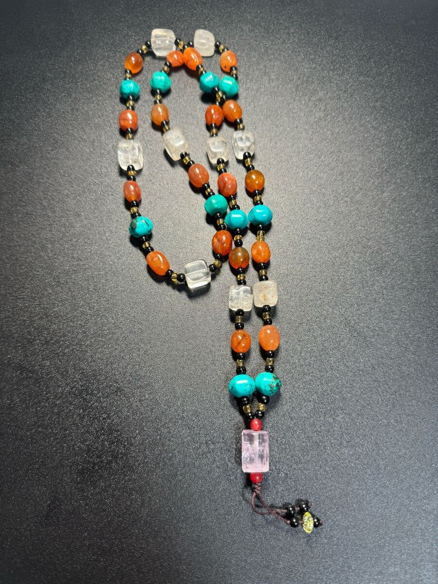 天然石水晶 ロングネックレス 天然ターコイズ時代中国古美術 数珠 時代物 仏教美術清時代 中国古美術 詳細不明 時代物 お守り拍卖