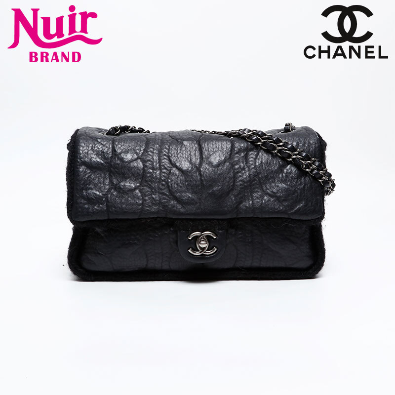 シャネル CHANEL ショルダーバッグ 18番台 2013-2014 レザー ニット ダブルチェーン フラップ ブラック拍卖