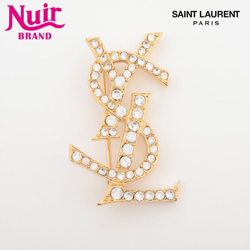 イヴ・サンローラン YVES SAINT LAURENT ブローチ ロゴ ラインストーン ゴールド拍卖