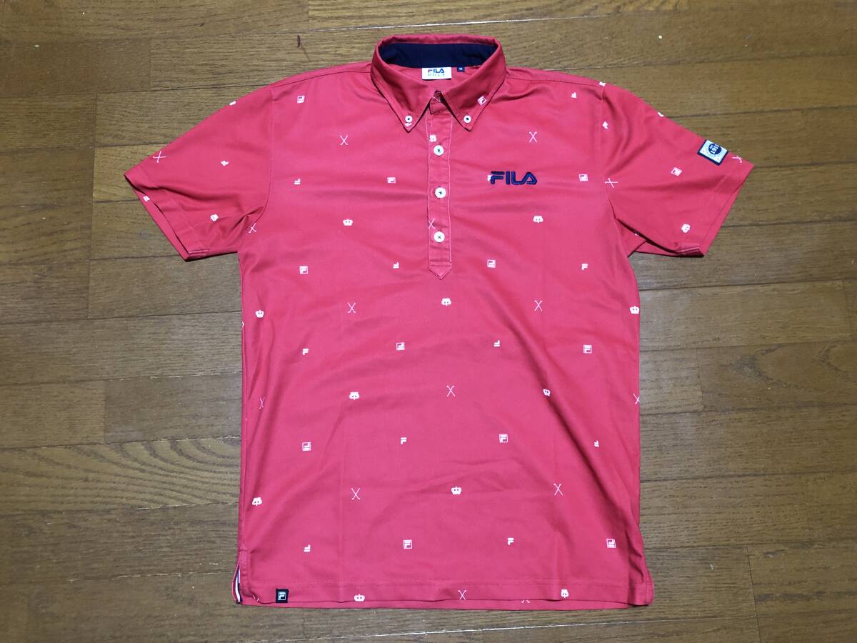★即決★FILA GOLF フィラ ゴルフ★メンズ半袖ポロシャツ★赤総柄★M★吸汗速乾★ボタンダウン★ゴルフウェア★ポリエステル★送料230円★拍卖