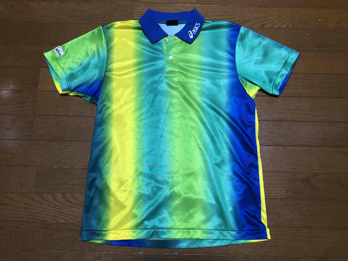 ★即決★ASICS アシックス★半袖ポロシャツ★Lサイズ★黄×青×緑系★卓球ウエア★JTTA 日本卓球協会★トレーニングウェア★送料230円★拍卖