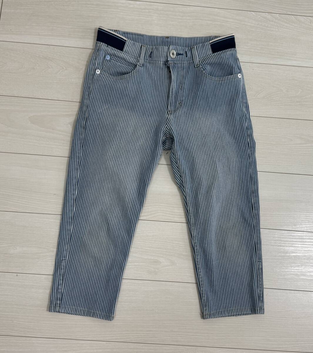 ★NAVY RUN DENIM ひざ丈 ストレッチパンツ ヒッコリーストライプ Sサイズ★拍卖