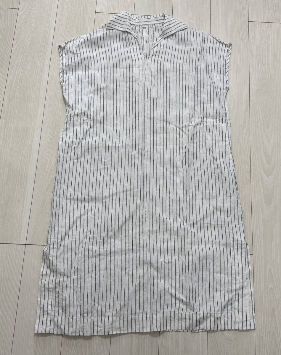 ★無印良品 リネン洗いざらし 麻 スキッパーカラー ワンピース ストライプ Mサイズ ゆったり★拍卖