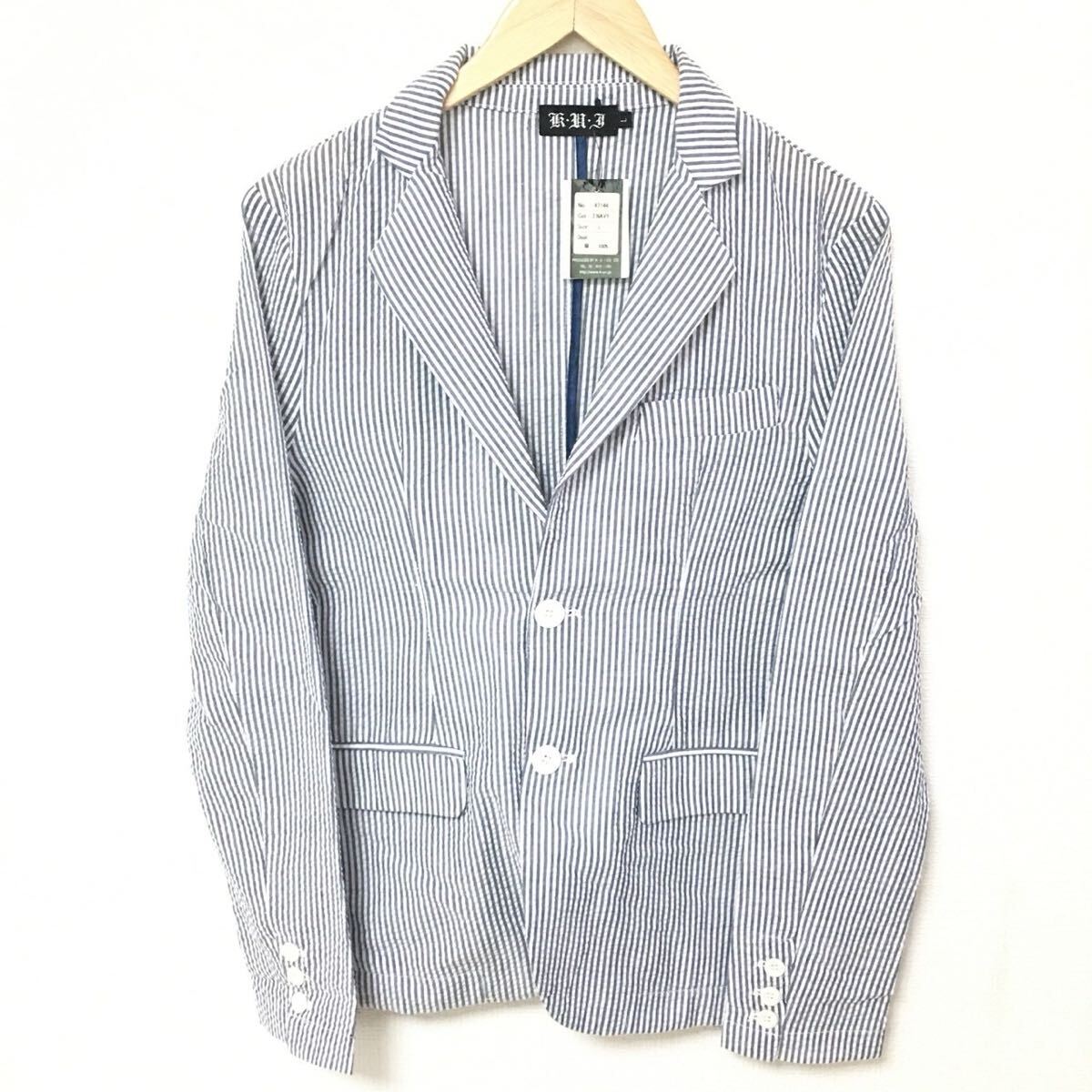 美品◎ 春夏の軽やかコーデに!【KUI】テーラード ジャケット ストライプ カジュアル 薄手 メンズ ホワイト ネイビー サイズL/Y34741fF拍卖