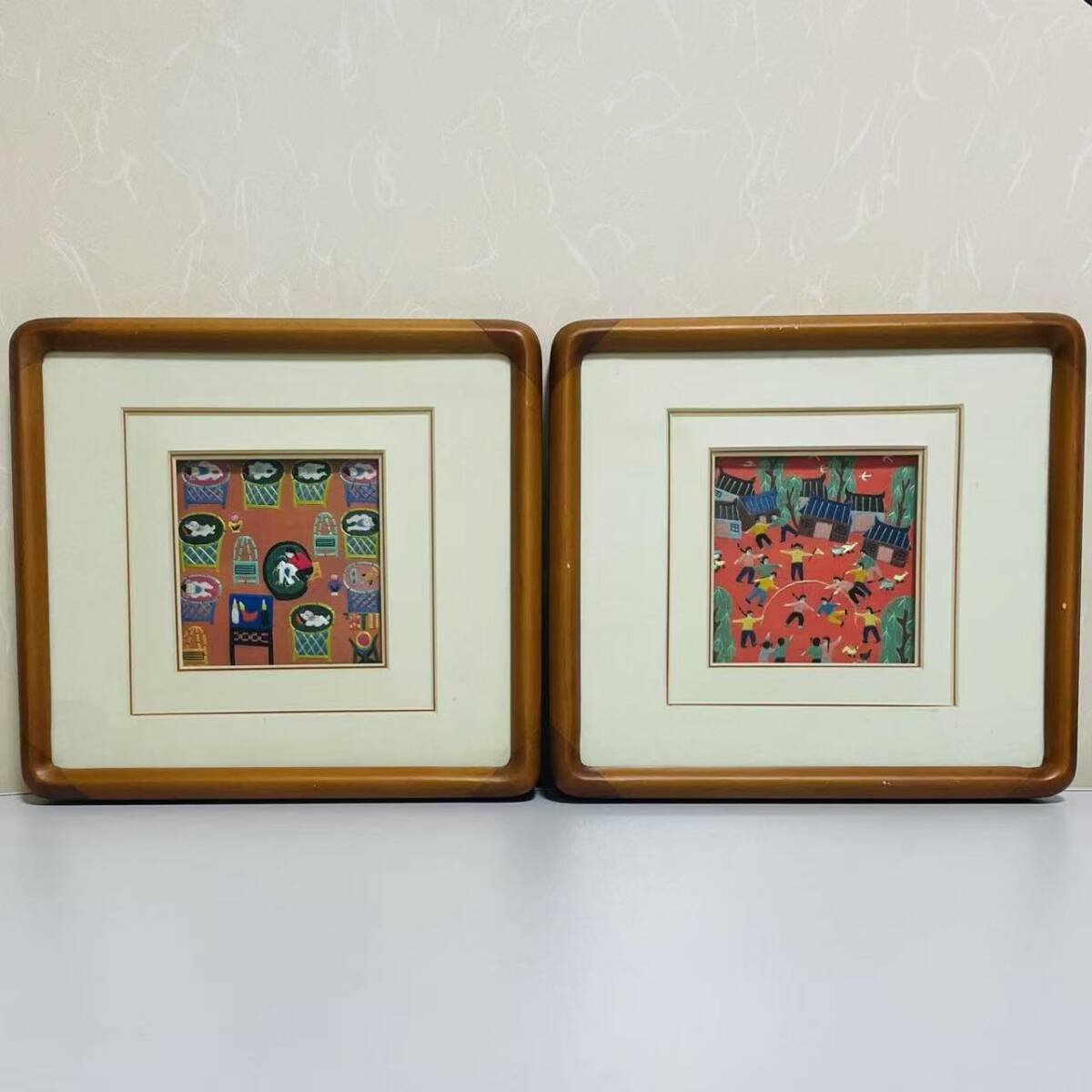 刺繍アート 額装 刺繍絵 刺繍画 刺繍額 額飾り 美術品 2点セット インテリア 壁掛け 布絵アート拍卖