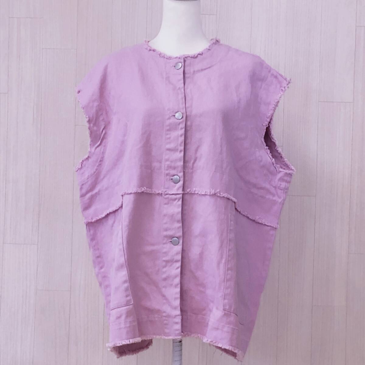 Y2087 FLASH BLUEフラッシュブルー レディース トップス デニムベスト 袖無し ノースリーブ M ピンク 桃 無地 綿100% ゆったり 古着春秋 拍卖