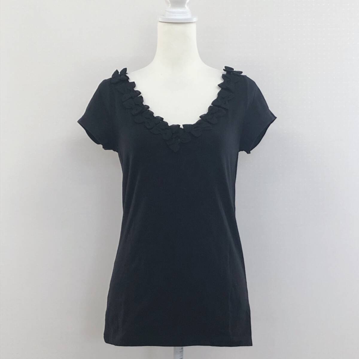 Y2211 美品 H&M レディース トップス 半袖 薄手 伸縮性 リボン M ブラック 黒 シンプル カジュアル かわいい 涼しげ 夏 拍卖