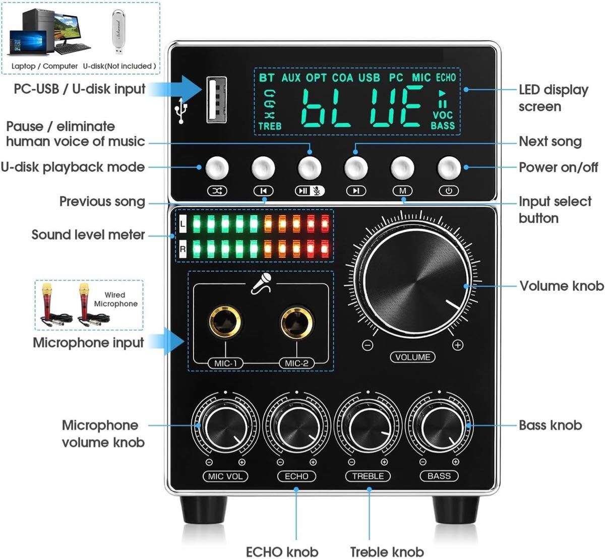 a)デュアルマイクオーディオアンプBluetooth高音と低音コントロールディスプレイプレーヤー家庭用/車用拍卖