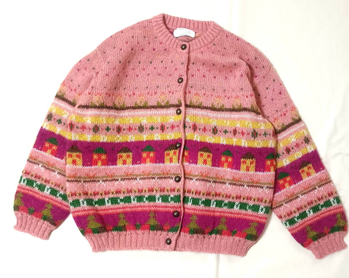 UNITED COLORS OF BENETTON ベネトン ふわふわ モヘア イタリア製 長袖 カーディガン セーター ニット ウール XS 総柄 リンツ 当時物 7893拍卖
