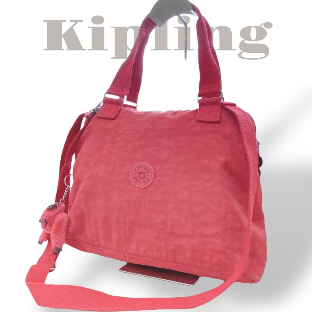 キプリング ハンドバッグ 2wayショルダー ナイロン ピンク モンキー 型押しロゴ拍卖