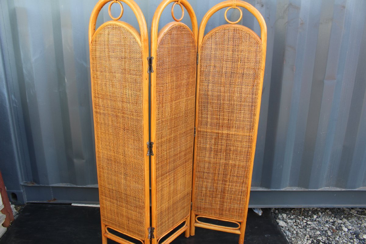 ラタン 籐 パーティション 折り畳み式 ついたて 幅88 高さ160cm 奥行3cm 仕切り 衝立 中古 レトロ 昭和 古道具拍卖