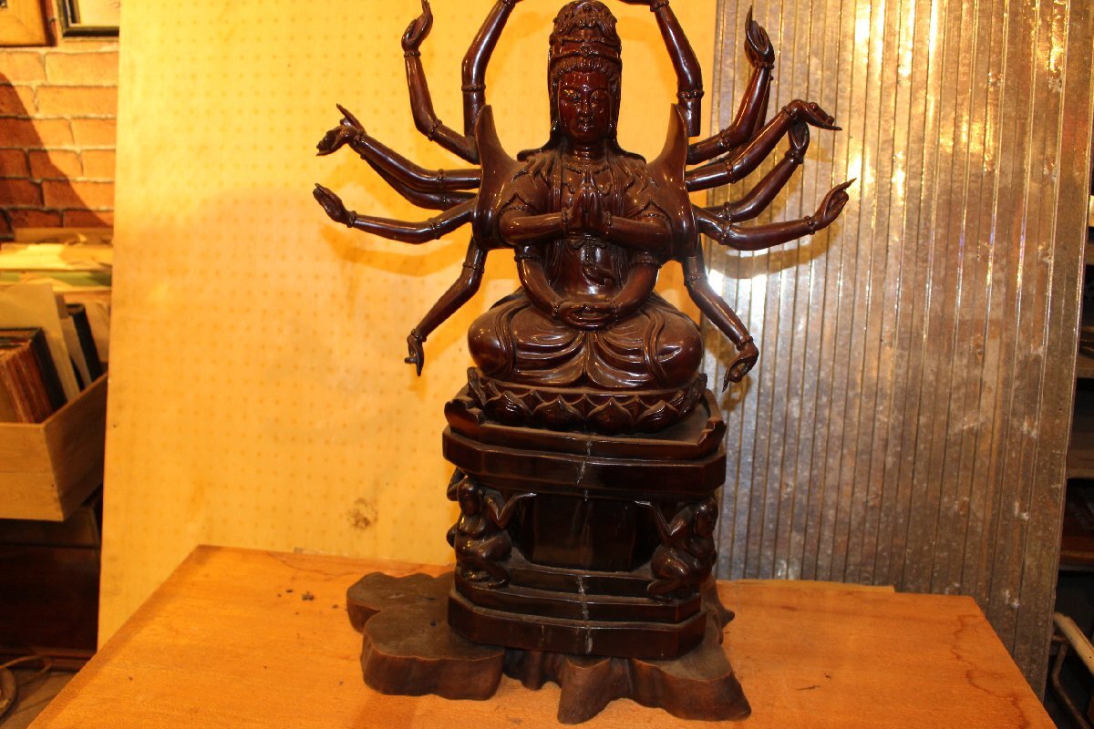 仏像 置物 飾り物 縁起物 中古 昭和 レトロ 古道具 アンティーク ヴィンテージ 当時 マニア コレクション インテリア 千手観音菩薩像 木造拍卖