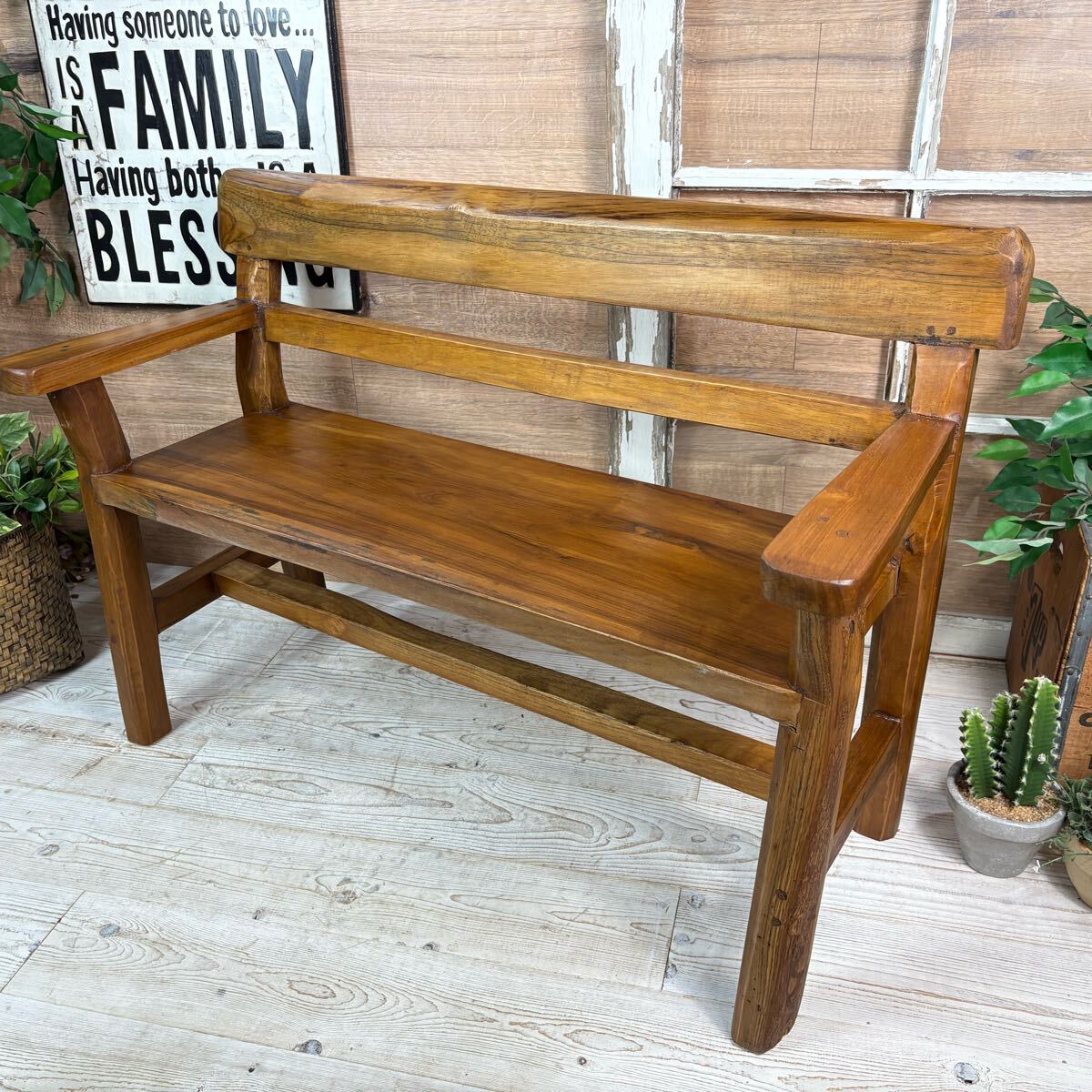 送料無料、オールドチーク天然無垢材背もたれ付きベンチL(92㎝)木製一枚板、ウッド椅子ナチュラルウッド飾り台、ロングベンチ一枚板拍卖