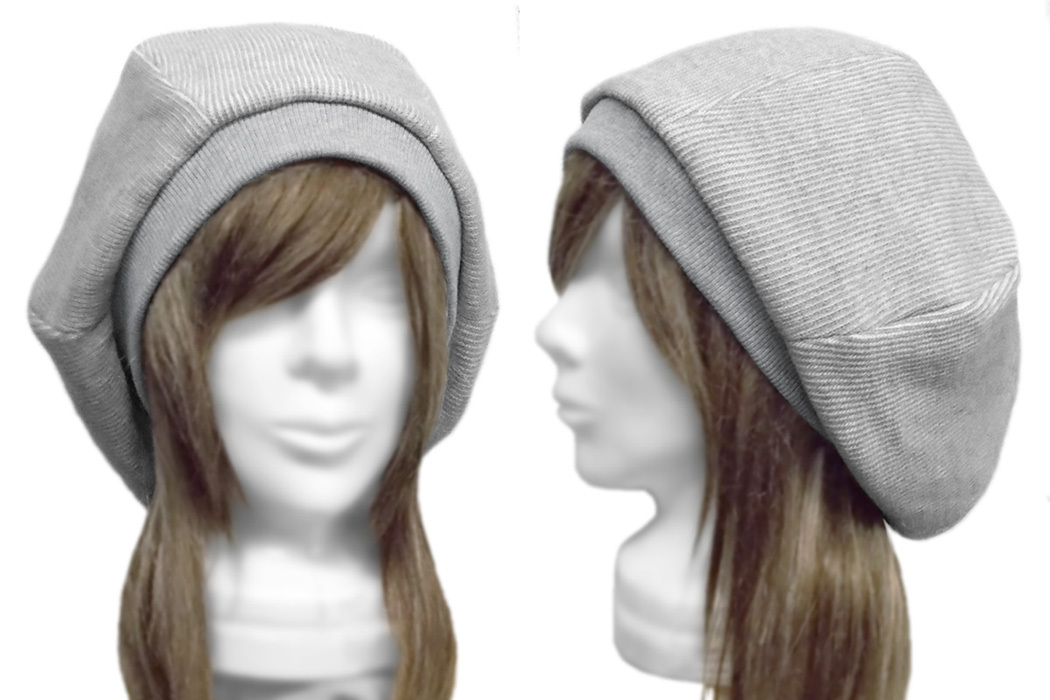 ◇送料無料◇ ハンドメイド◆ゆったりルーズ・リブ付ベレー帽◆リブ編コットンニット/杢グレー ◇小顔効果・長いシーズン着用◇拍卖