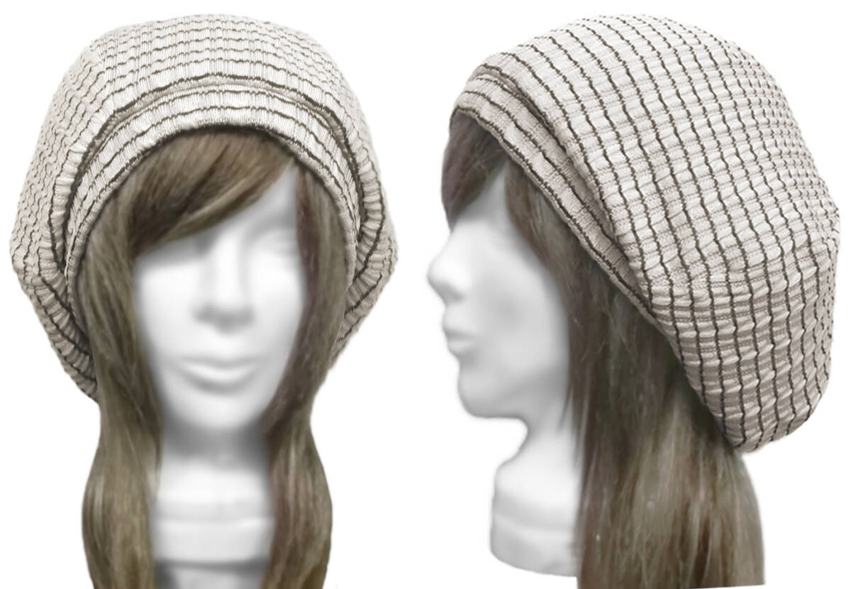◇送料無料◇ ハンドメイド◆ゆったりルーズ・リブ付ベレー帽◆フクレジャガード織 ボーダー柄コットンニット/ベージュ系 ◇小顔効果◇拍卖