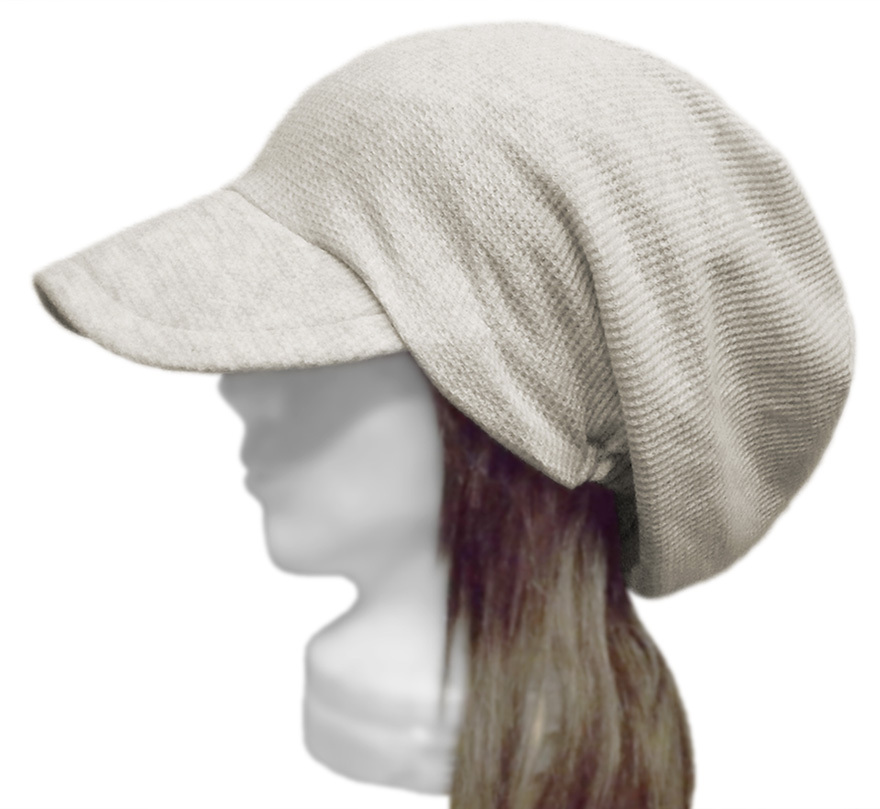 ハンドメイド◆つば広ルーズキャスケット◆ワッフル織コットンニット/杢オートミール ◇紫外線対策・ゆったりサイズ・小顔効果◇拍卖