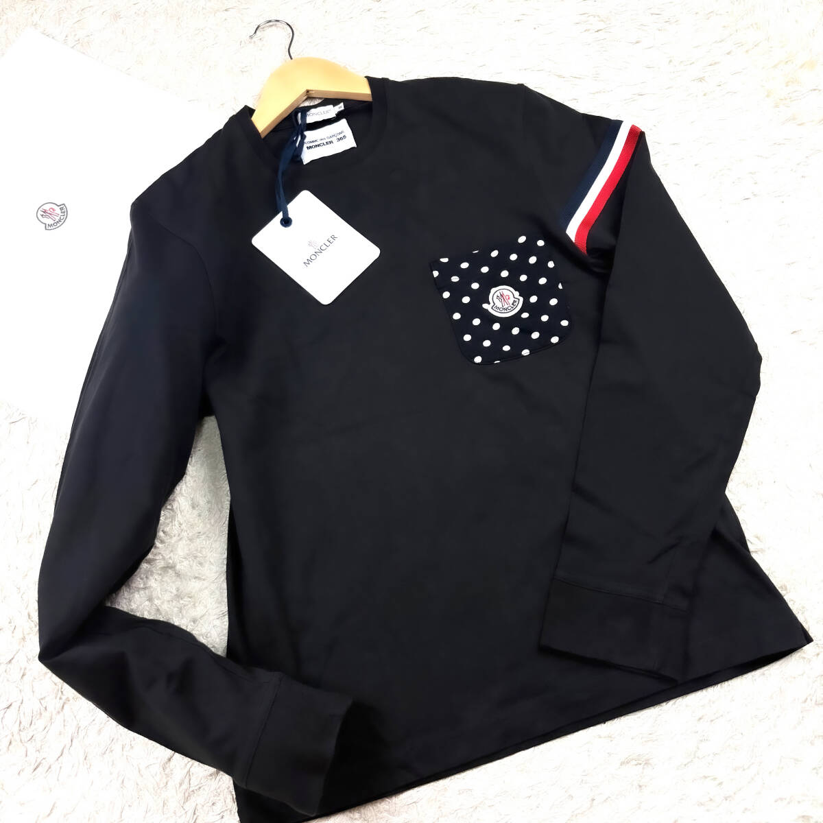 極美品幻コラボCOMME des GARCONS MONCLER長袖Tシャツ黒ブラックL~Mトリコロールカラーライン 胸ポケット モンクレール コムデギャルソン拍卖