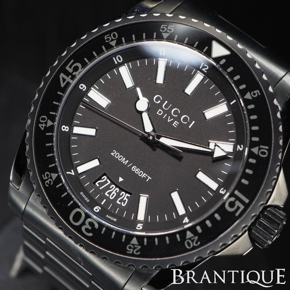 ◆即決あり/超美品◆ GUCCI グッチ ダイヴ ダイバー 136.2 SS オールブラック 黒 回転ベゼル 200M/660FT デイト 箱 保 メンズ 「27534」拍卖
