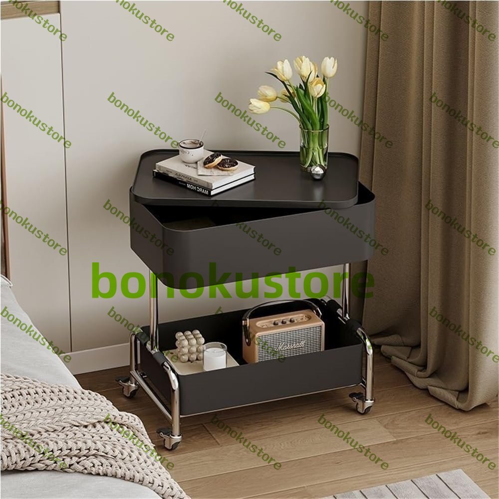 キャスター付きローリングサイドテーブル 360°回転ナイトスタンド 3段収納付きベッドサイドテーブル 寝室 書斎 リビングルームに最適な拍卖