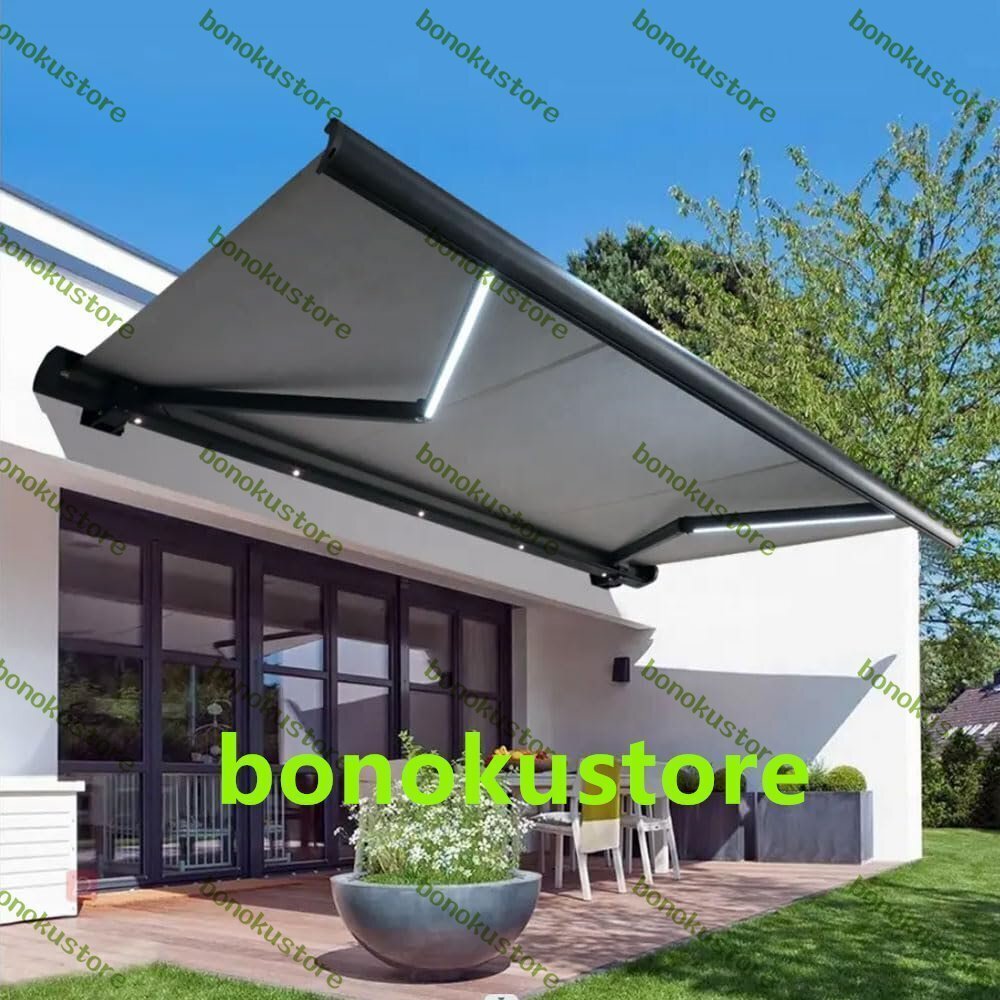 ライト付き電動格納式オーニング 格納式オーニングパティオドア窓サンシェードシェルター屋外キャノピー グレー 3X1.5M拍卖