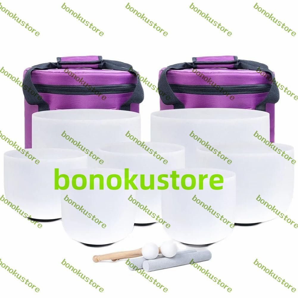 6~12インチ 7個セット フロストクォーツクリスタル シンギングボウル ヨガ瞑想用 サウンドヒーリング楽器 2個 Oリング付き 432Hz拍卖