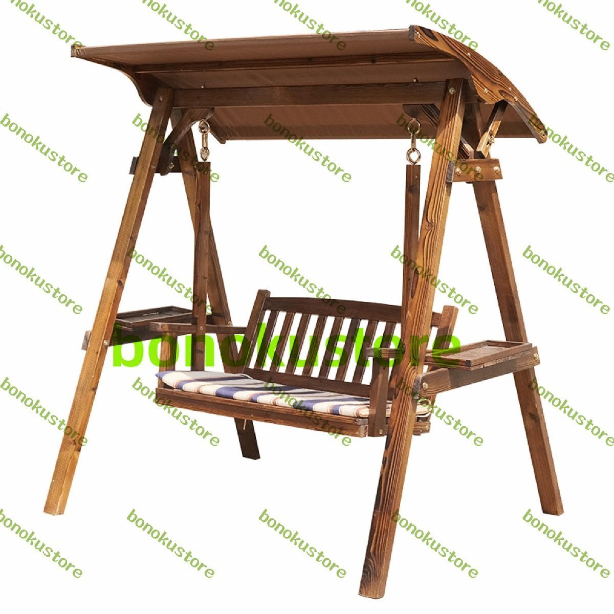 ぶらんこ 屋外 ポーチブランコ 2人掛け木製ポーチスイング 調節可能なキャノピー アームレスト サイドテーブル2つ付き 耐荷重600ポンド拍卖